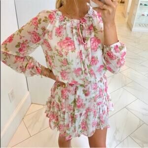 LOVESHACKFANCY Silk Popover Dress | Coquette Rose Print Feminine Romantic Pink S